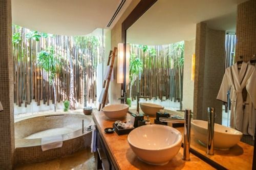 Indoor outdoor bathroom ocean view Riviera Maya beach home