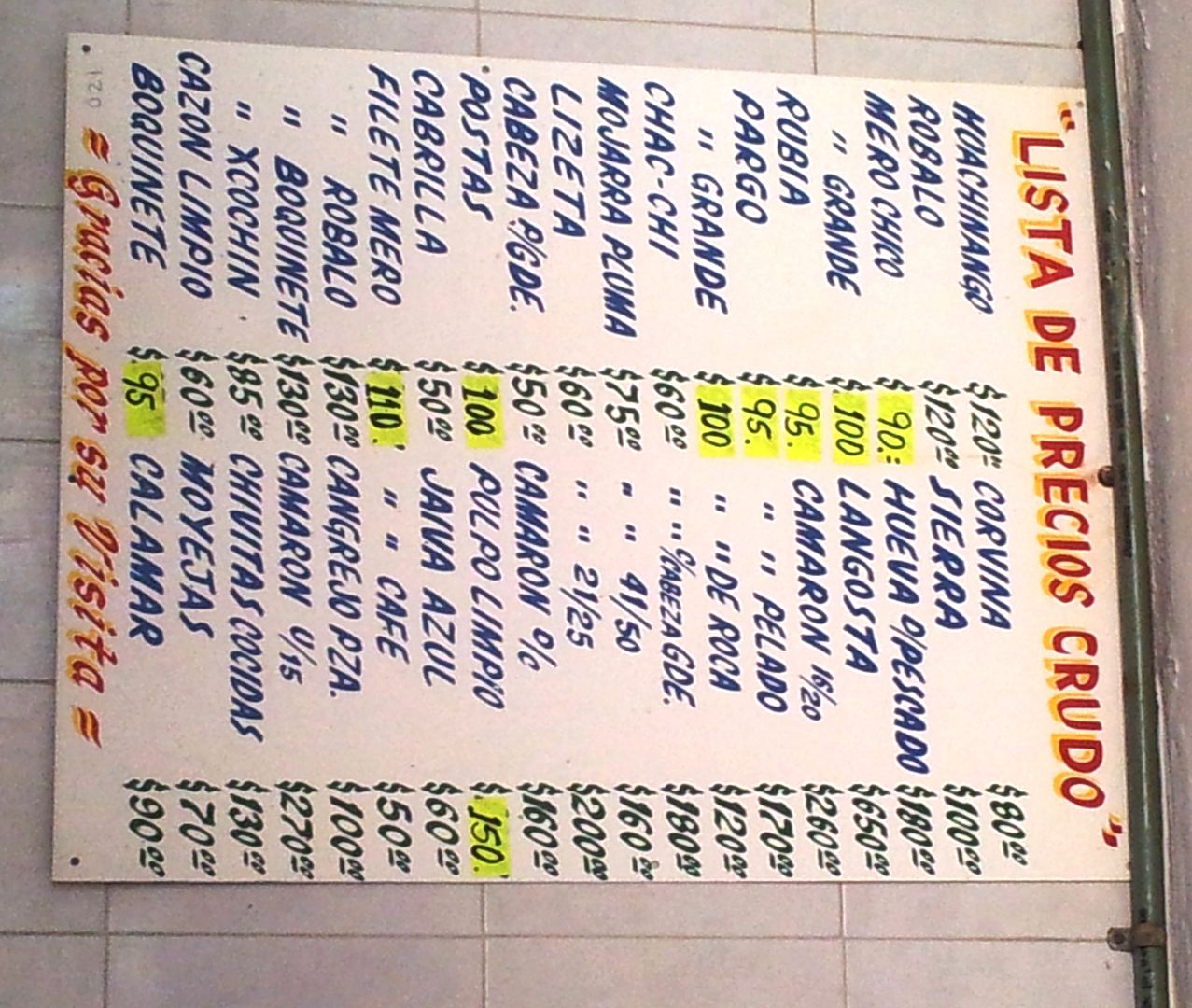 El Pirata Fresh Fish Price List