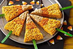 Candy Corn-Crispy Treats on a Stick Halloween Recipe